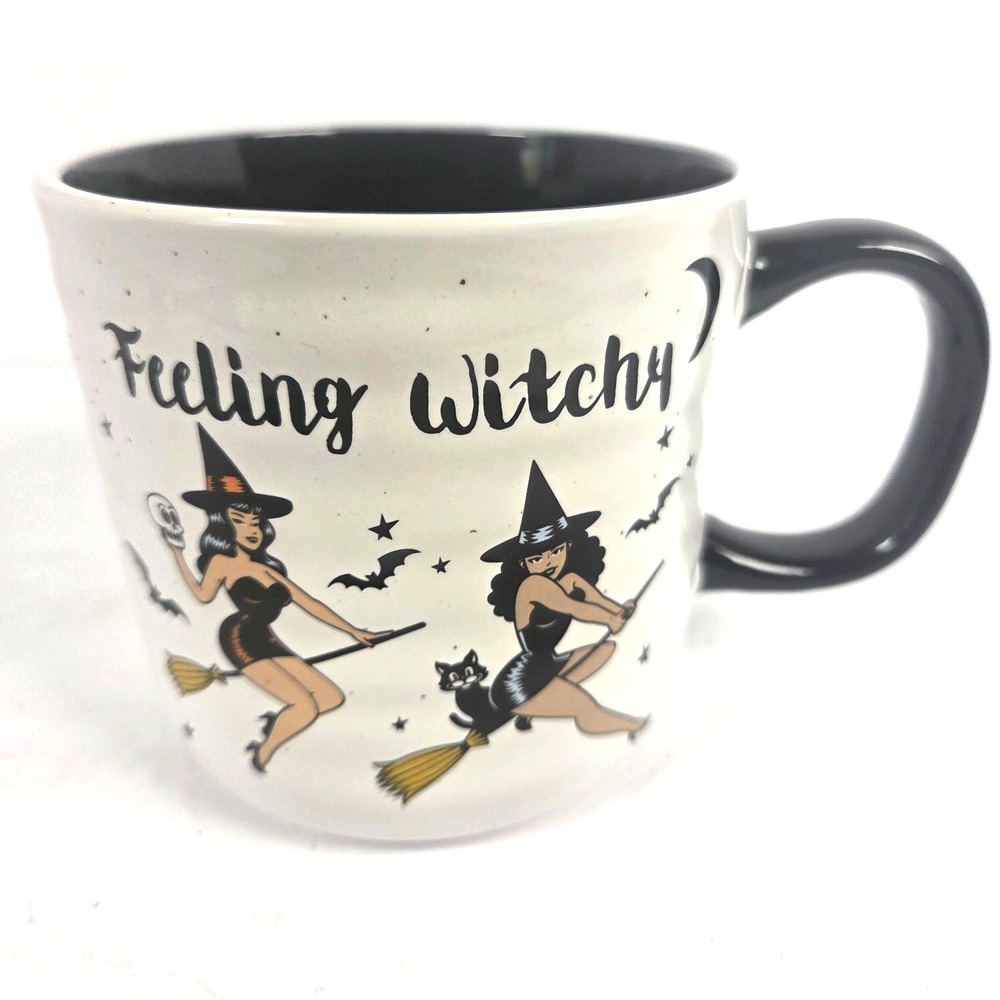 Feeling Witchy Mug 14 oz Halloween Pin Up Witch Black Cat Ceramic Coffee Cup